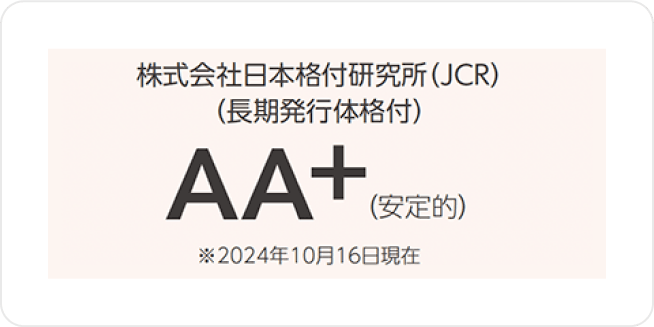 株式会社日本格付研究所（JCR）（長期発行体格付） AA+（安定的） 注：2024年10月16日現在