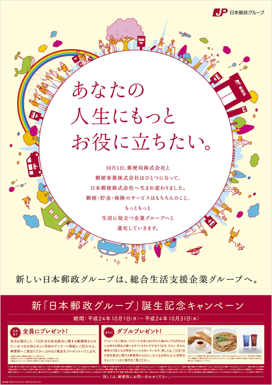 【ポスター　あなたの人生にもっとお役に立ちたい。】新しい日本郵政グループは、総合生活支援業グループへ。10月1日、郵便局株式会社と郵便事業株式会社はひとつになって、日本郵便株式会社へ生まれ変わりました。郵便・貯金・保険のサービスはもちろんのこと、もっともっと生活に役立つ企業グループへと進化していきます。